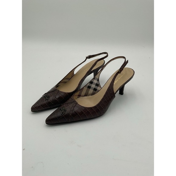 Burberry Shoes - Burberry Vintage Slingback Heels Brown Alligator Plaid Interior Size 36.5